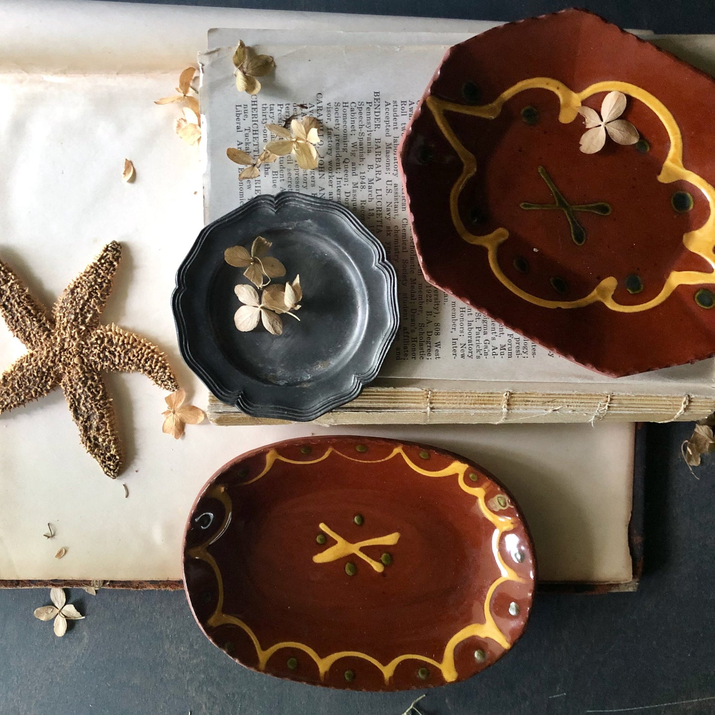 Vintage Breininger Miniature Redware Dishes and Pewter Plate (c.1980s)