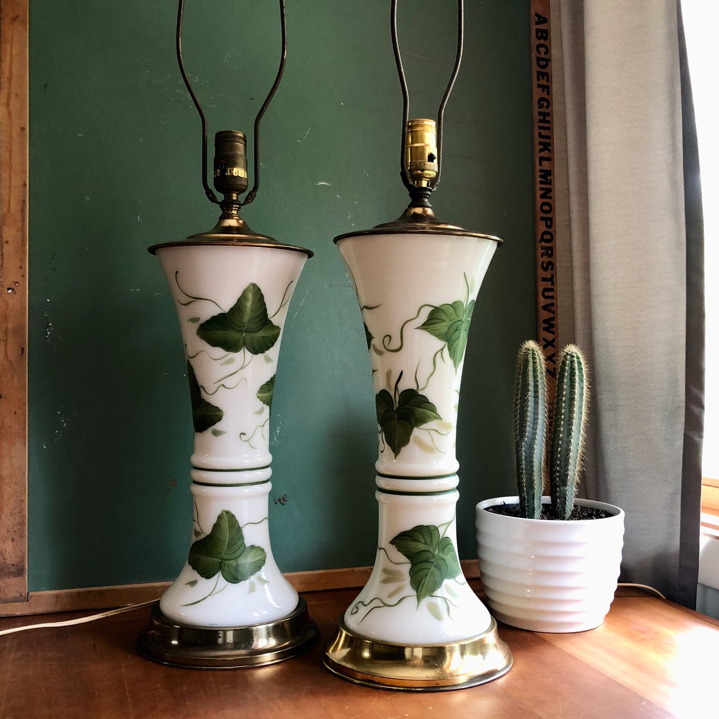 Vintage Leviton Milk Glass and Green Ivy Table Lamps (c.1950s)