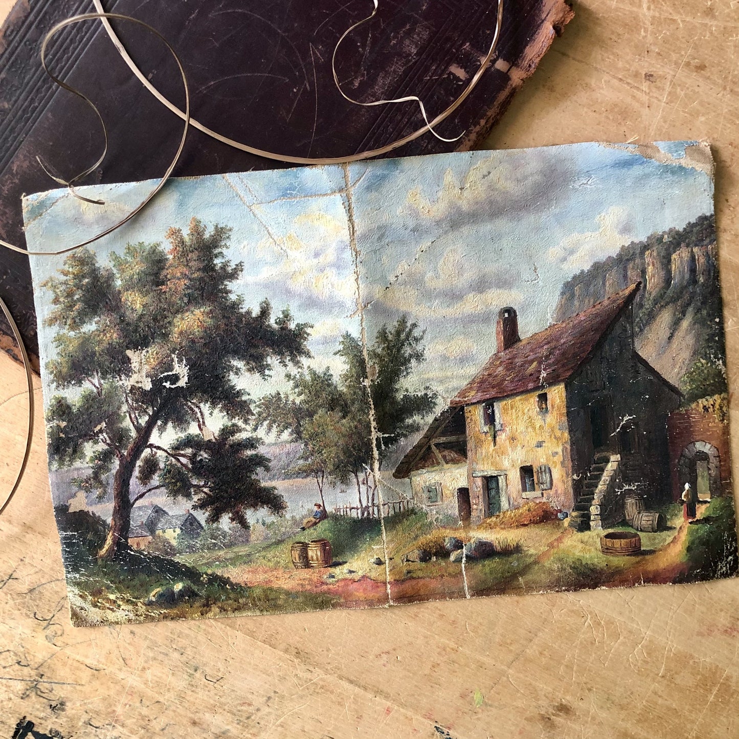 Antique Oil Painting of Rural Cottage Scene (c.1800s)