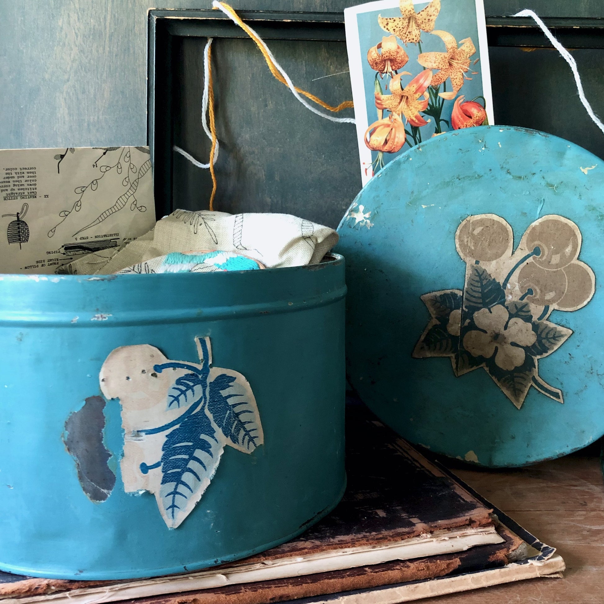 Rustic Old Blue Storage Tin with Decals (c.1900s)