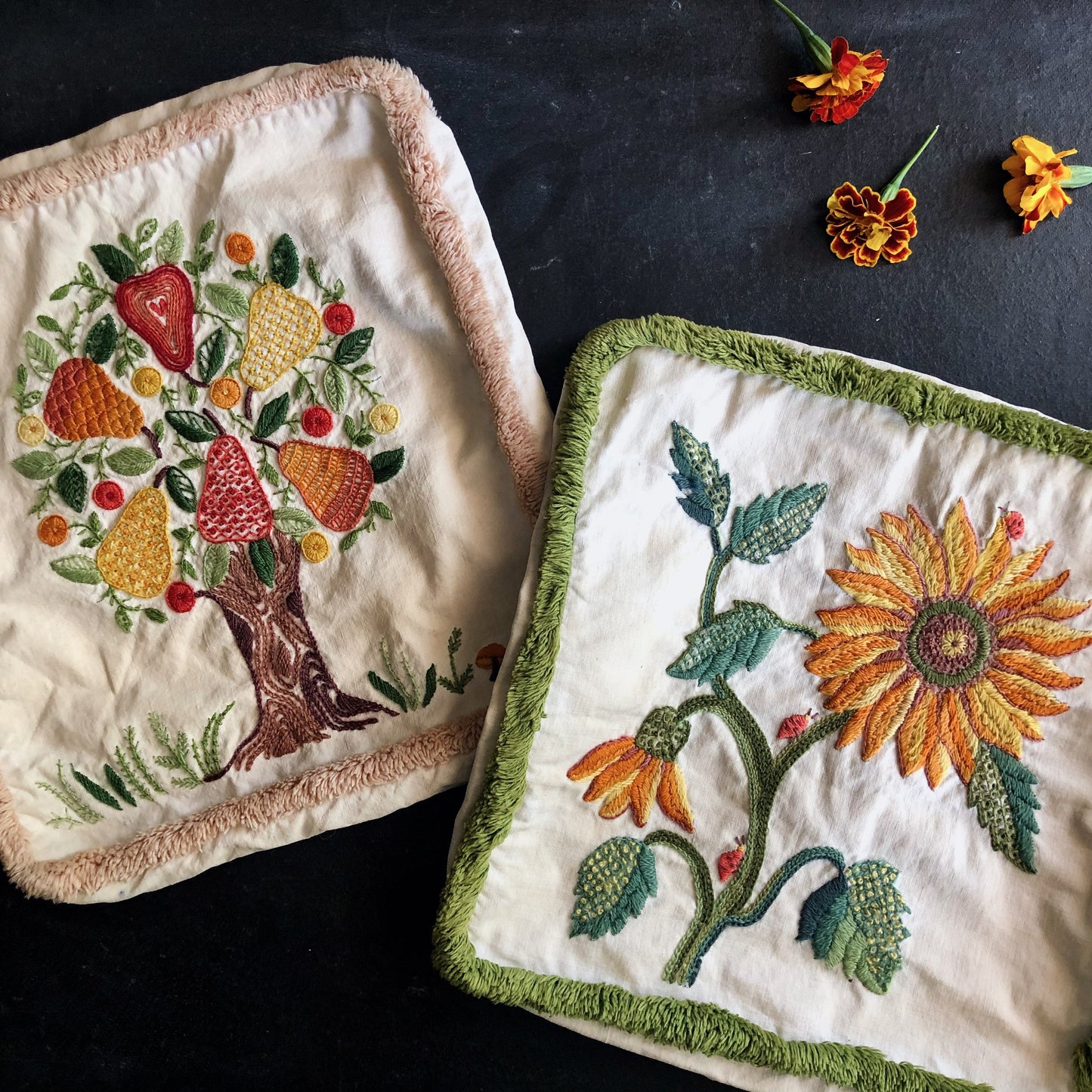 Vintage Embroidered Fall Pillow Covers, Set of 2 (c.1960s)