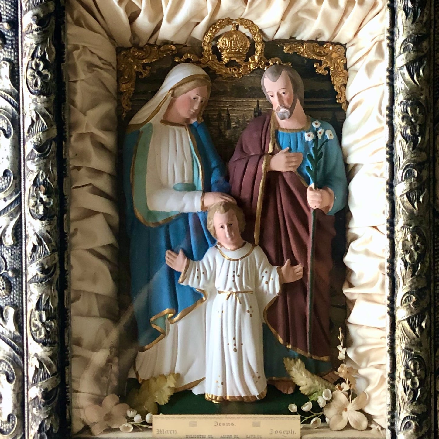 Antique Chalkware Religious Shadow Box with Holy Family (c.1900s)