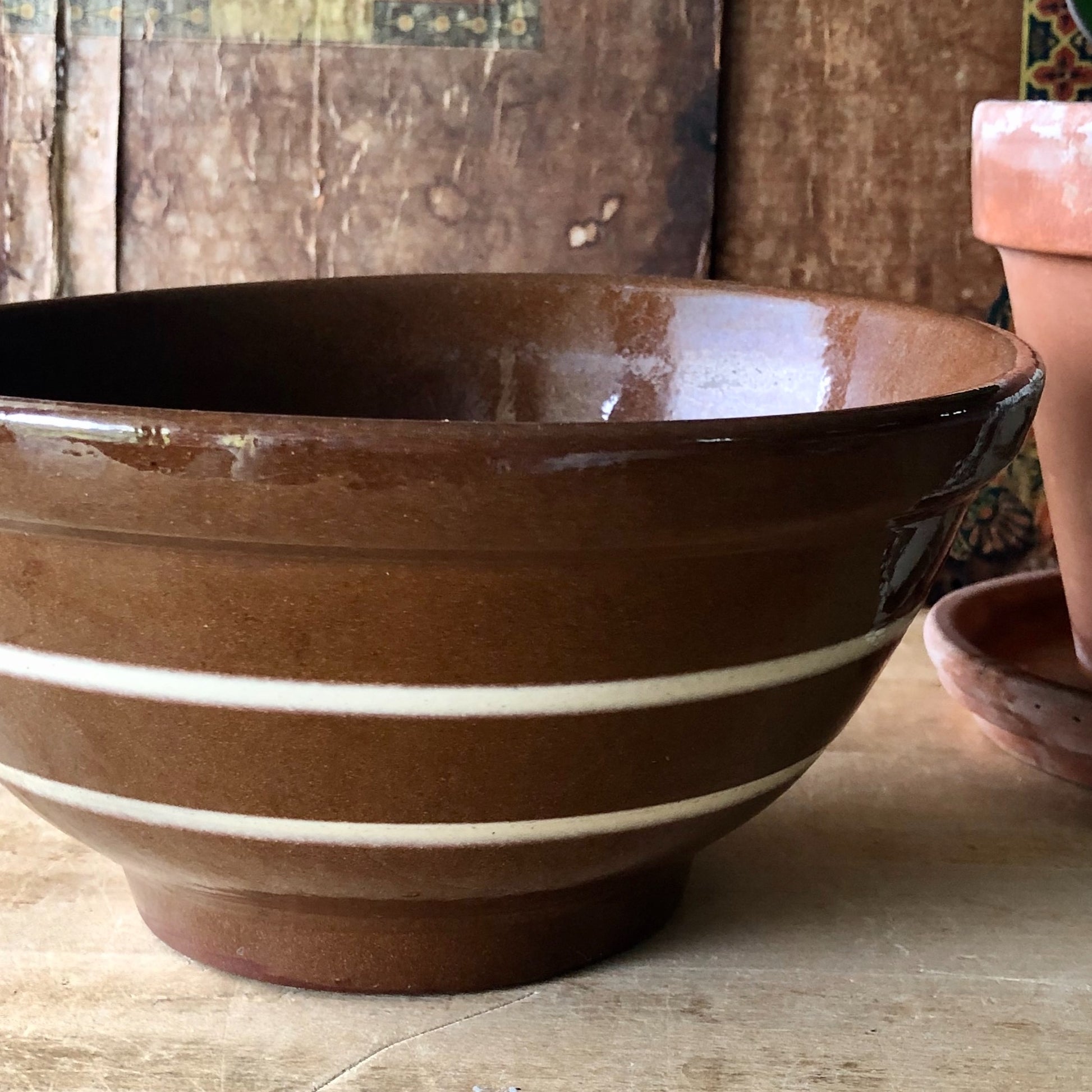 Striped Brown Farmhouse Pottery Bowl (c.1900s)