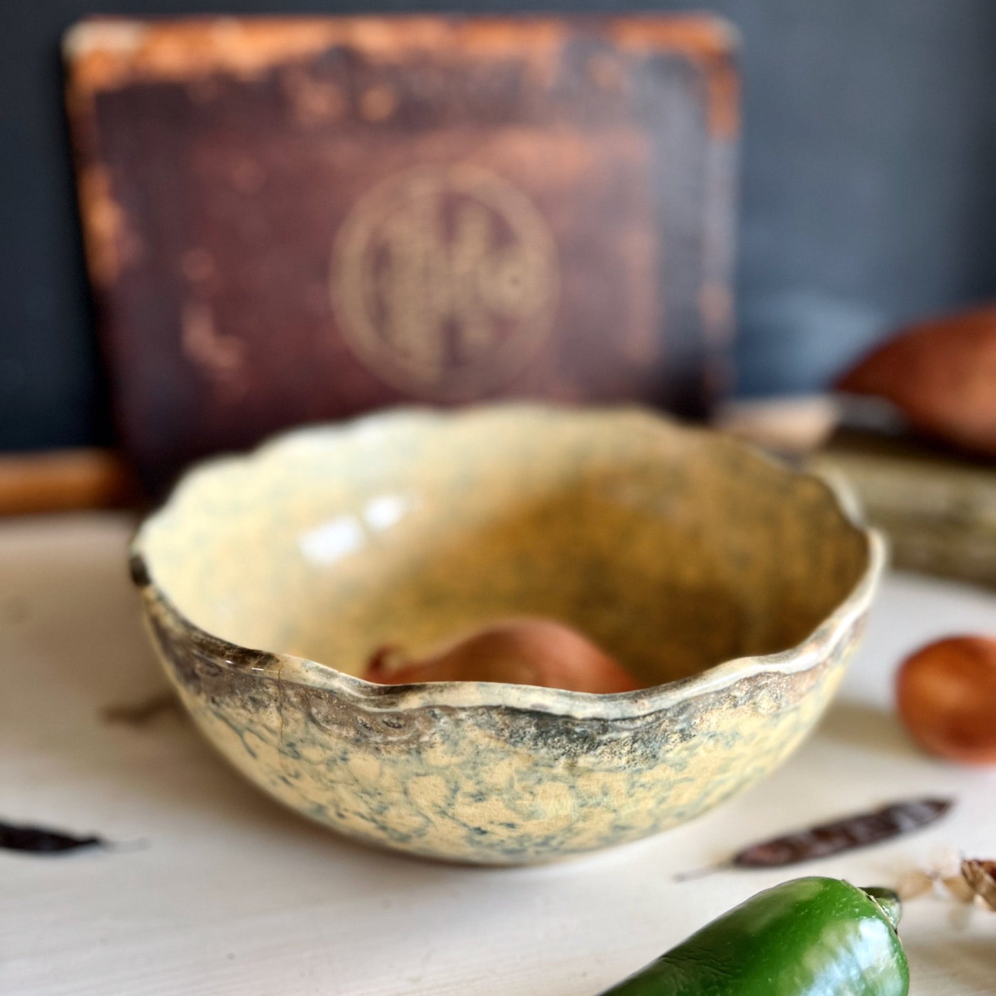 Antique Blue on Yellow Spongeware Bowl (c.1800s)