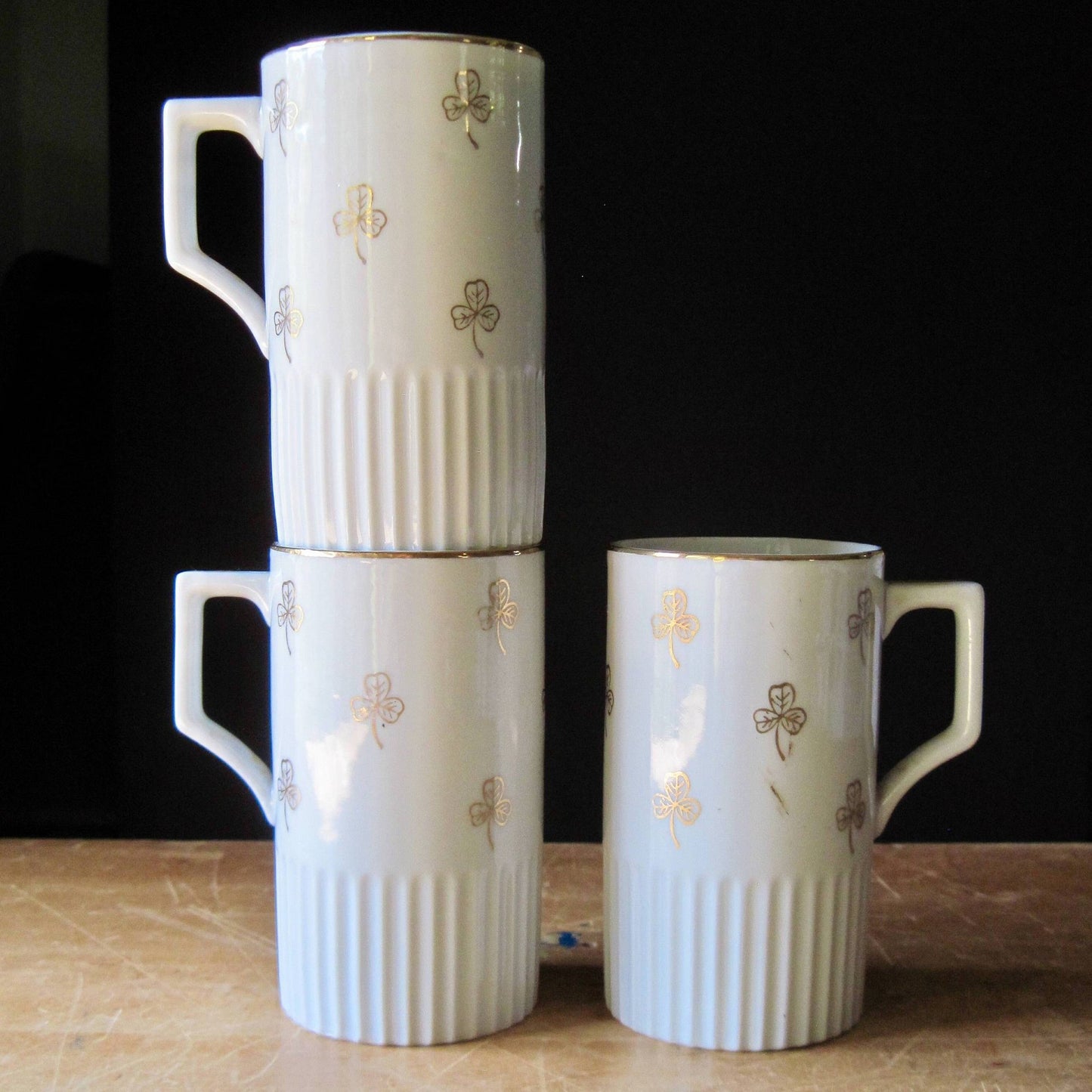 Vintage White Irish Coffee Mugs with Gold Clover Motif