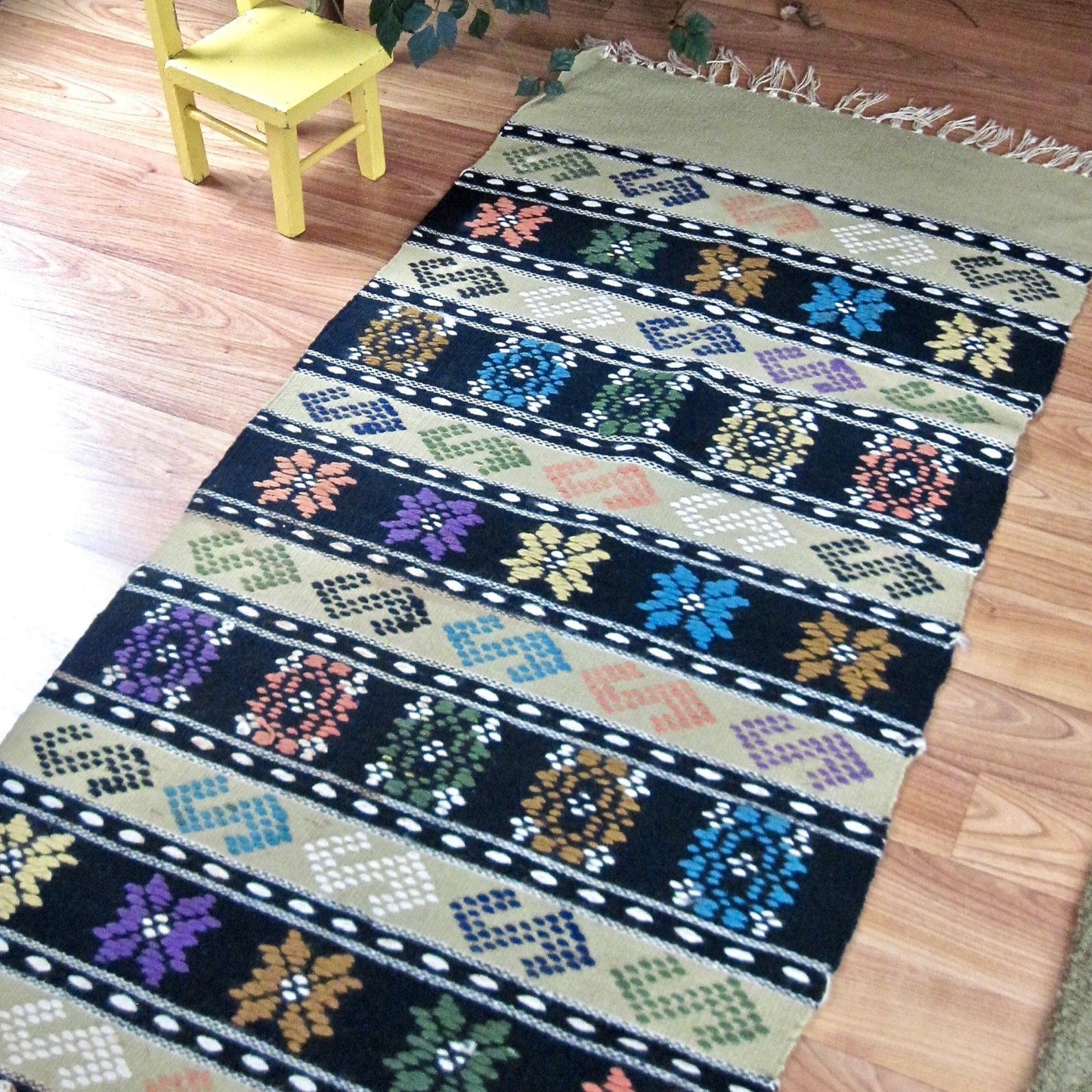 Vintage Southwestern Green and Black Wool Rug