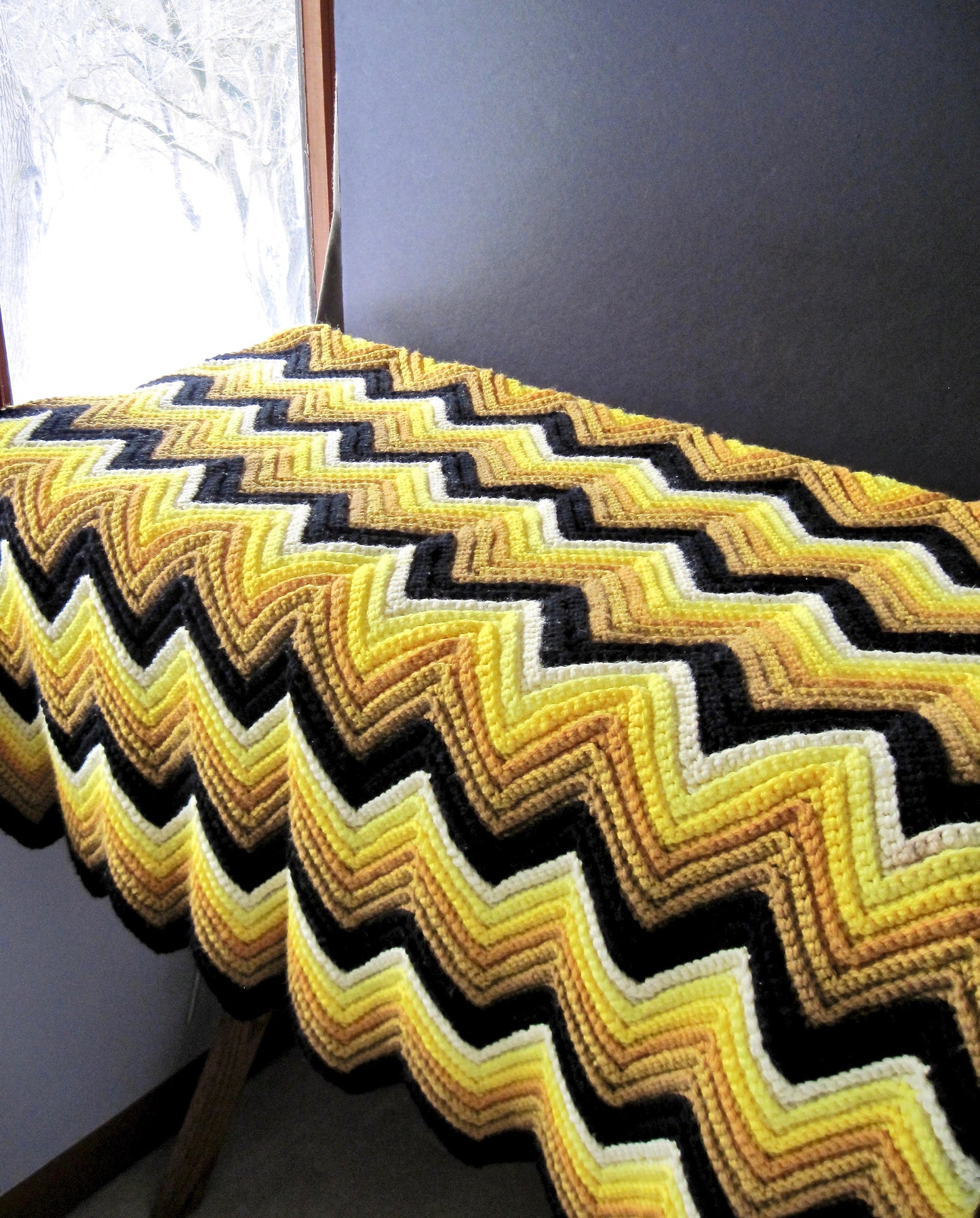 Vintage Crochet Yellow Chevron Afghan Throw, Zig Zag Blanket (c.1960s)