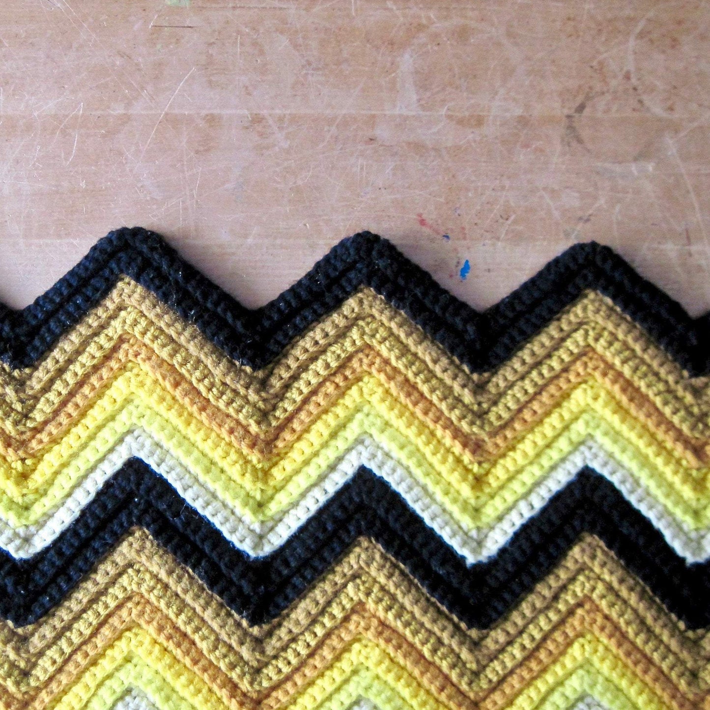 Vintage Crochet Yellow Chevron Afghan Throw, Zig Zag Blanket (c.1960s)