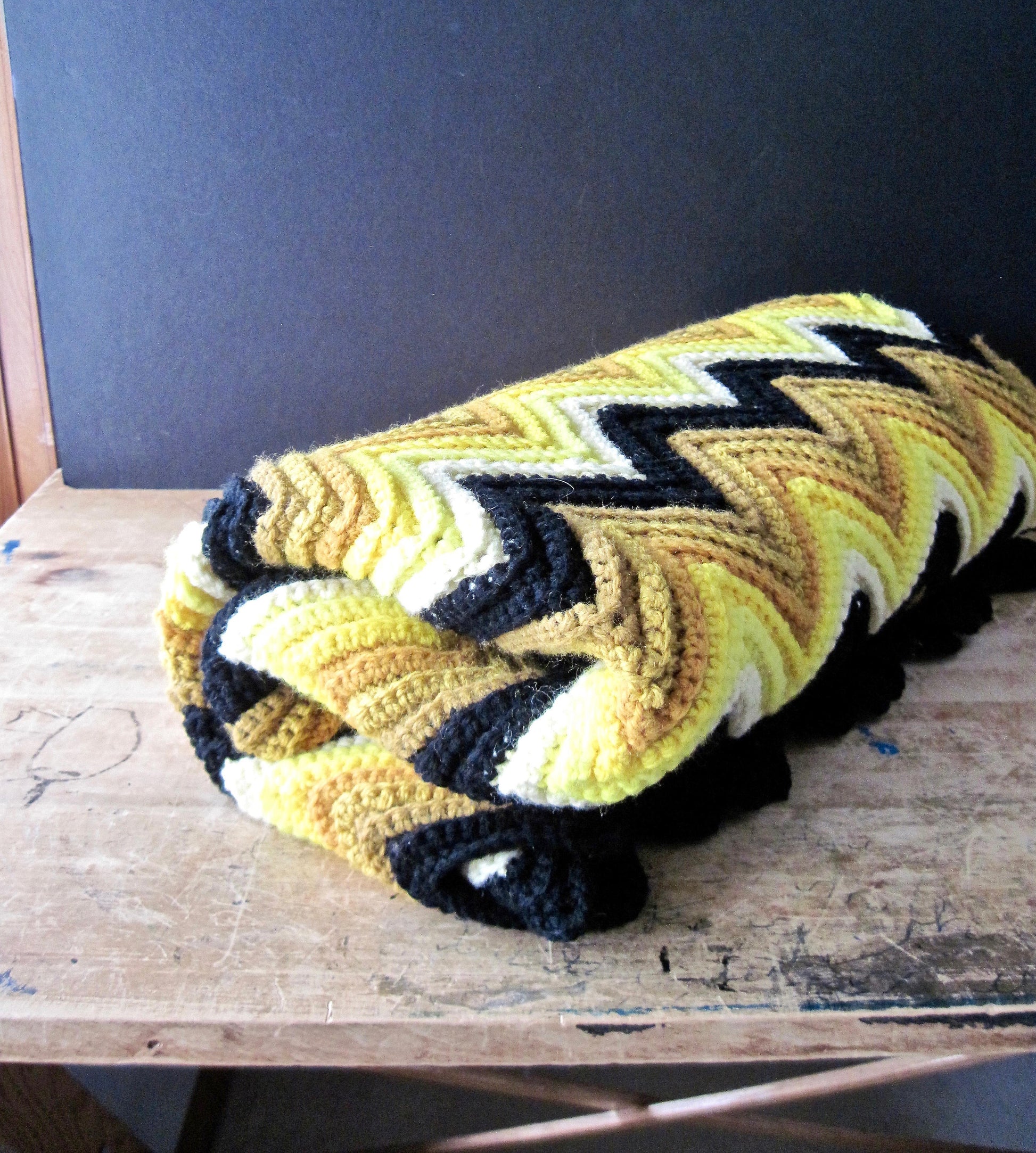 Vintage Crochet Yellow Chevron Afghan Throw, Zig Zag Blanket (c.1960s)
