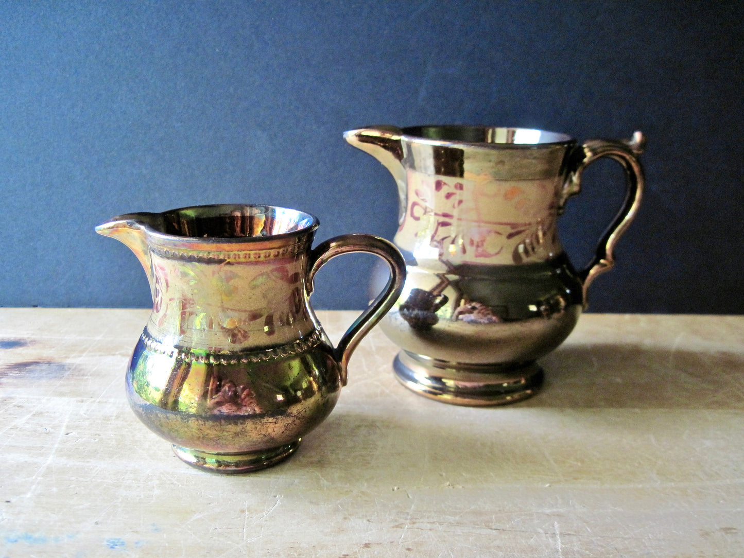 English Copper Lustreware Pitchers (c.1800s)