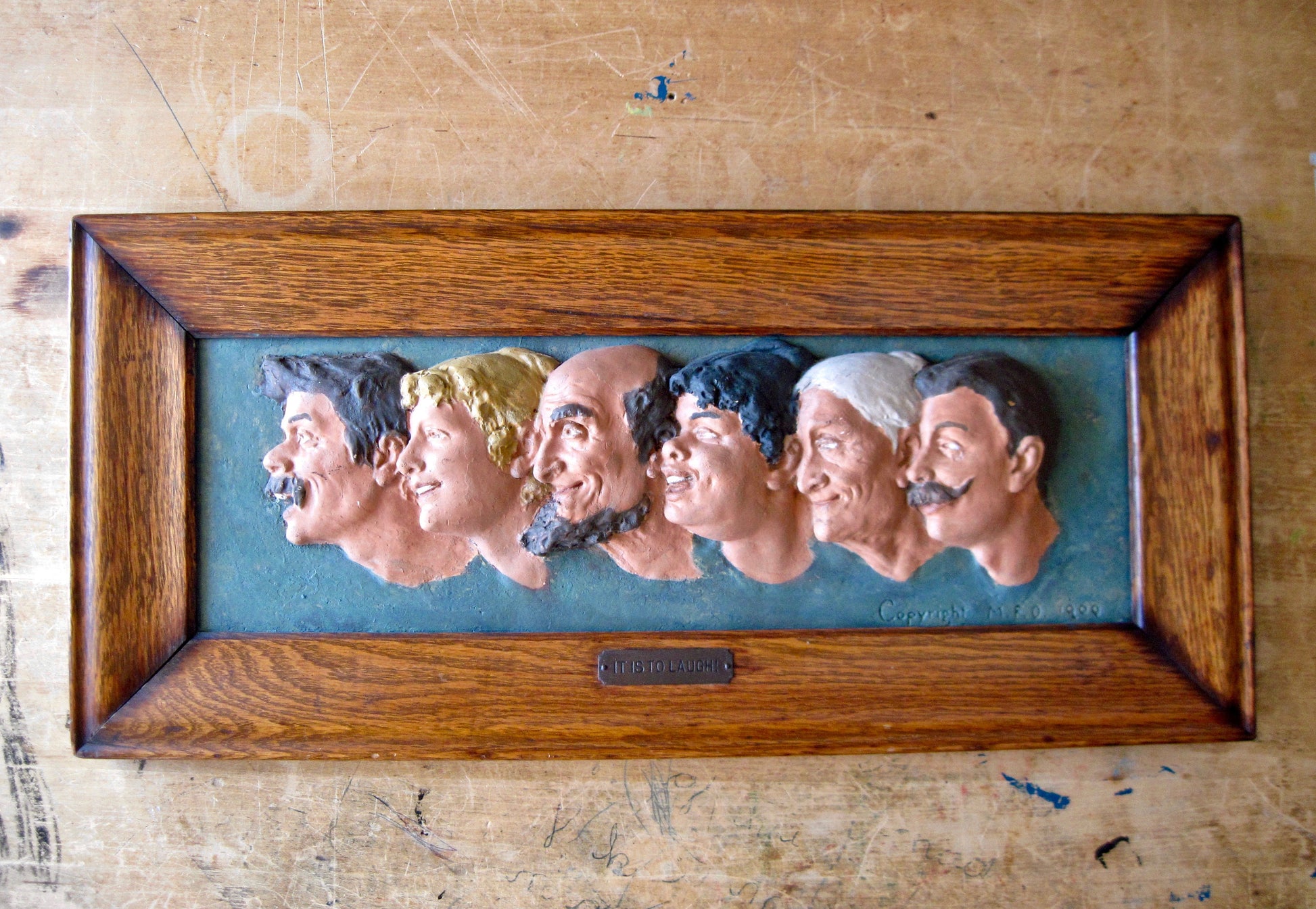 Framed Chalkware Folk Art Sculpture 'It Is To Laugh' (c.1900s)