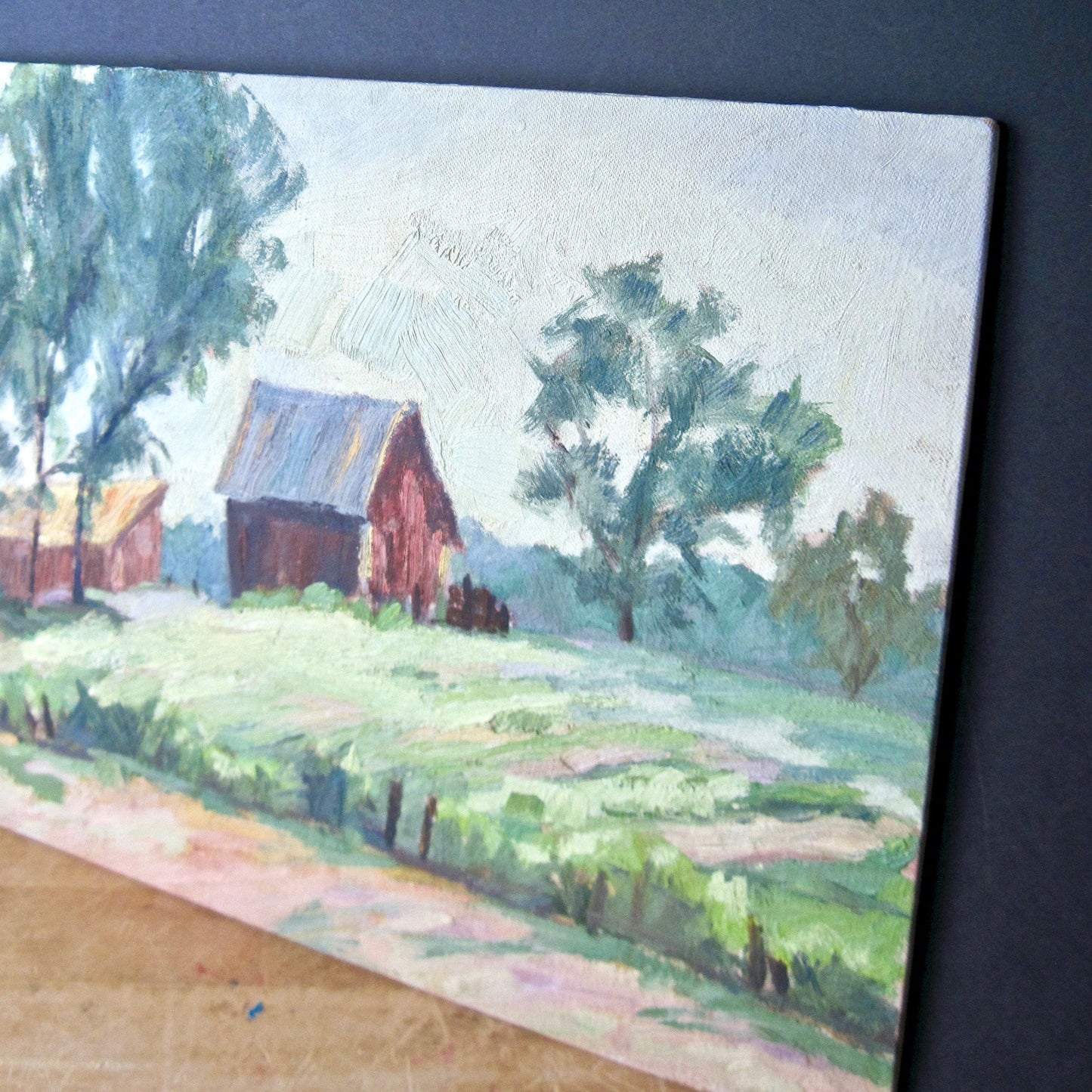 Vintage Oil Painting of Rural Farmstead Landscape by Leah Frandzel
