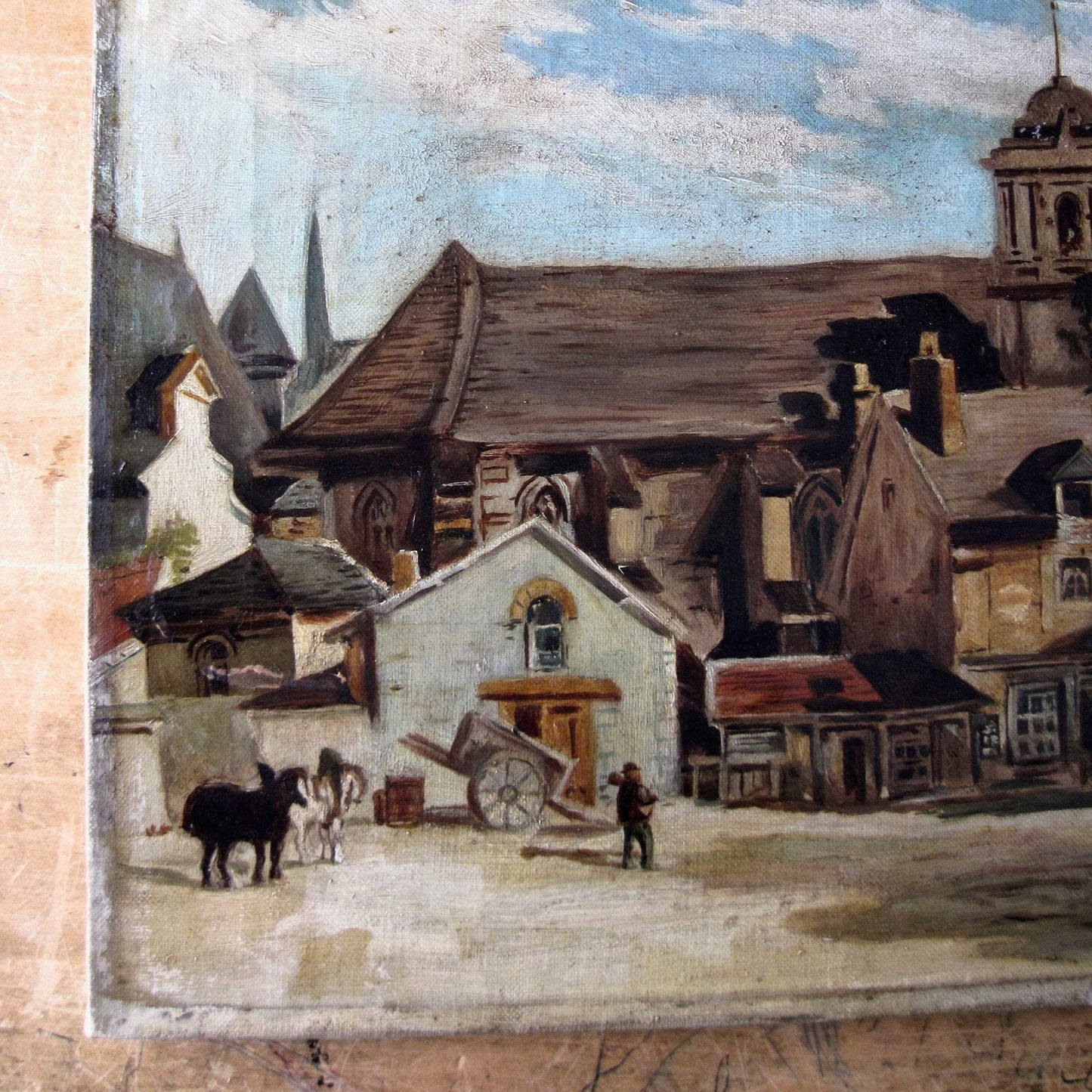 Antique Oil Painting of Village Scene by Florence McCoy (c.1800s)