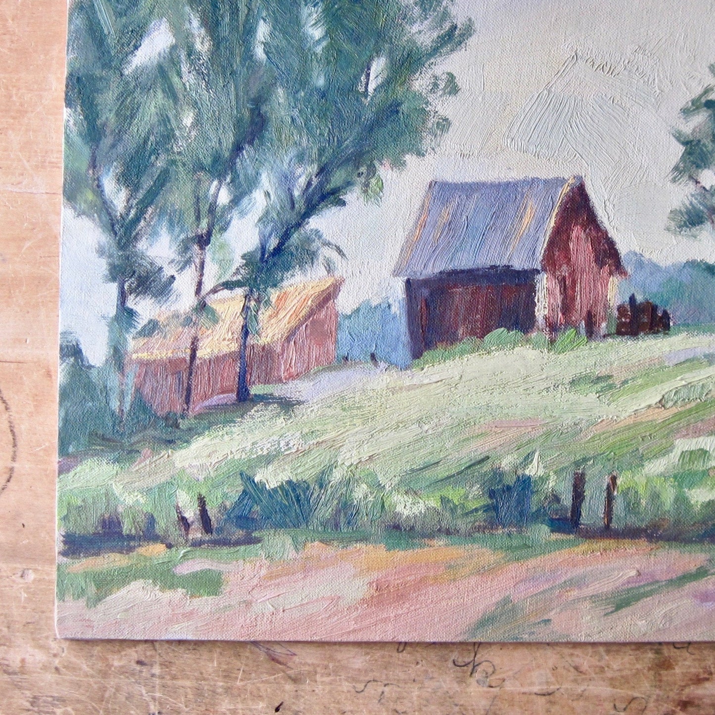 Vintage Oil Painting of Rural Farmstead Landscape by Leah Frandzel