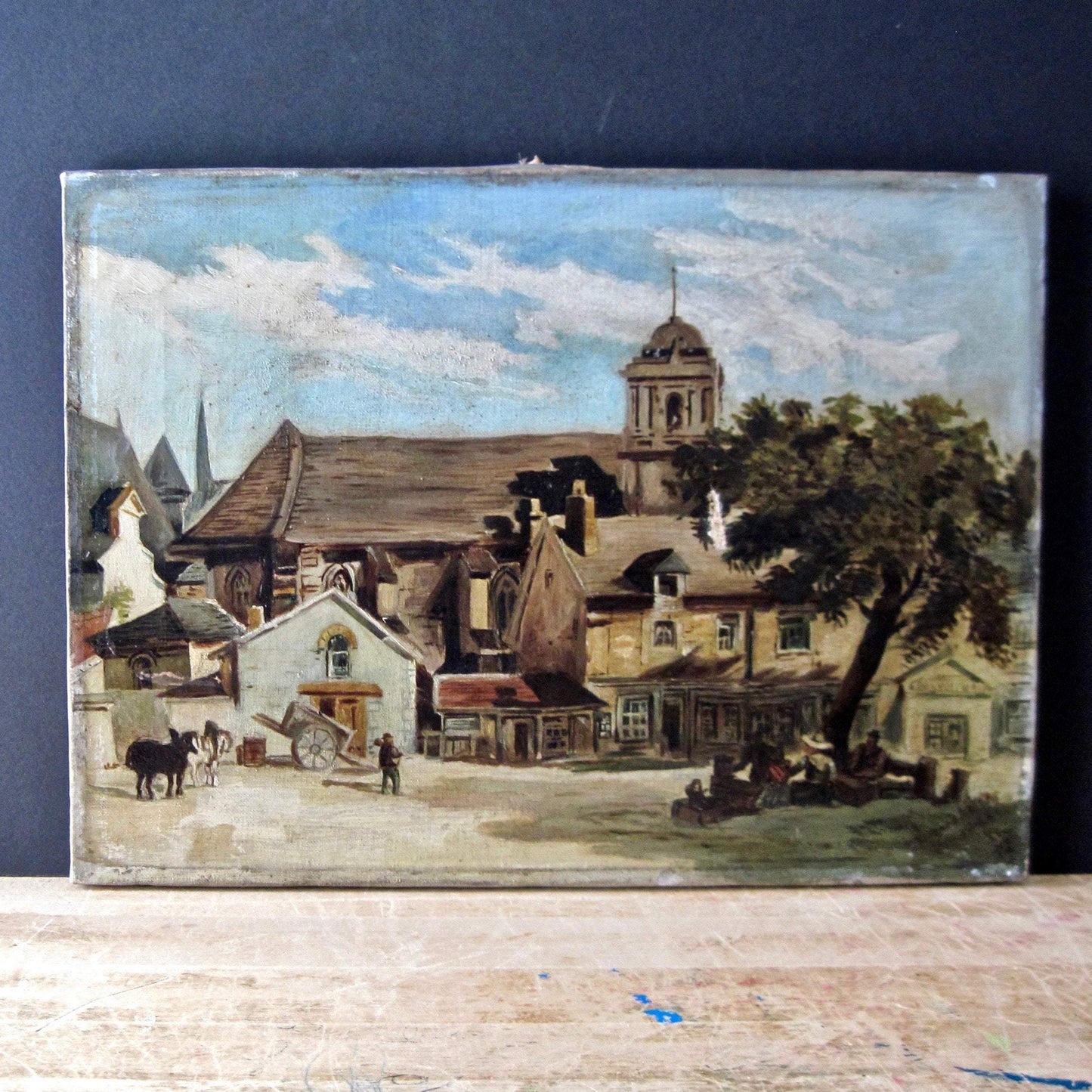 Antique Oil Painting of Village Scene by Florence McCoy (c.1800s)