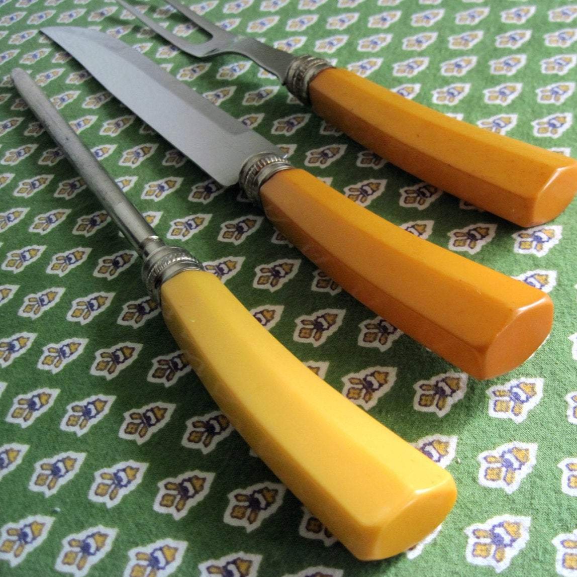 Sheffield Yellow Bakelite Carving Set, Knife, Fork and Steel, s/3