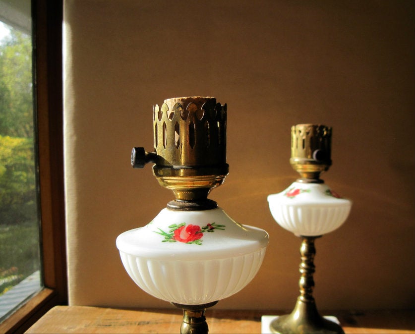 Vintage Milk Glass Table Lamps with Hand Painted Red Floral (c.1950s)