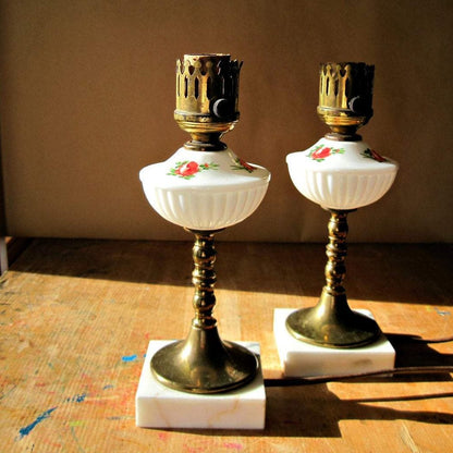 Vintage Milk Glass Table Lamps with Hand Painted Red Floral (c.1950s)