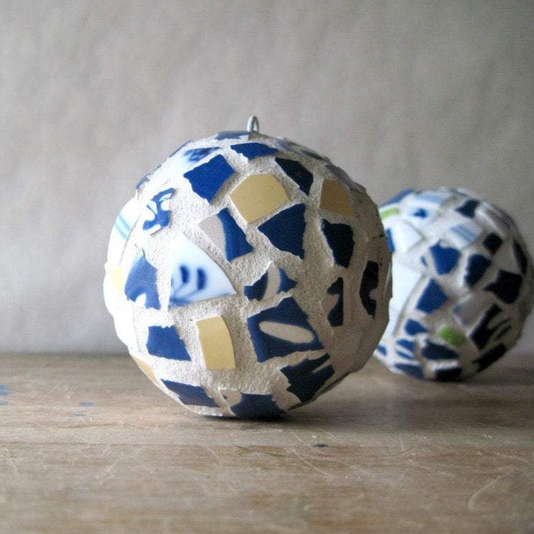 Blue and White Mosaic Christmas Ornaments