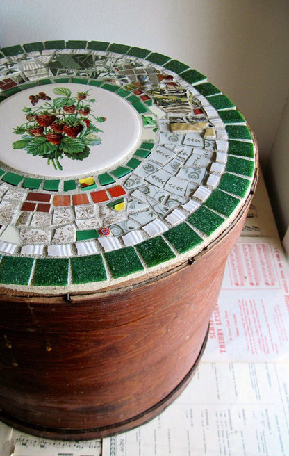 Primitive Round Cheese Box with Mosaic Lid