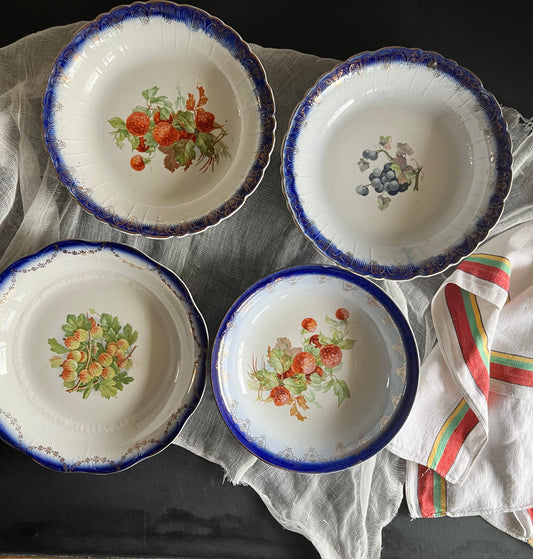 Mismatched Antique Flow Blue Bowls with Transferware Fruit, Set of 4 (c.1900s)