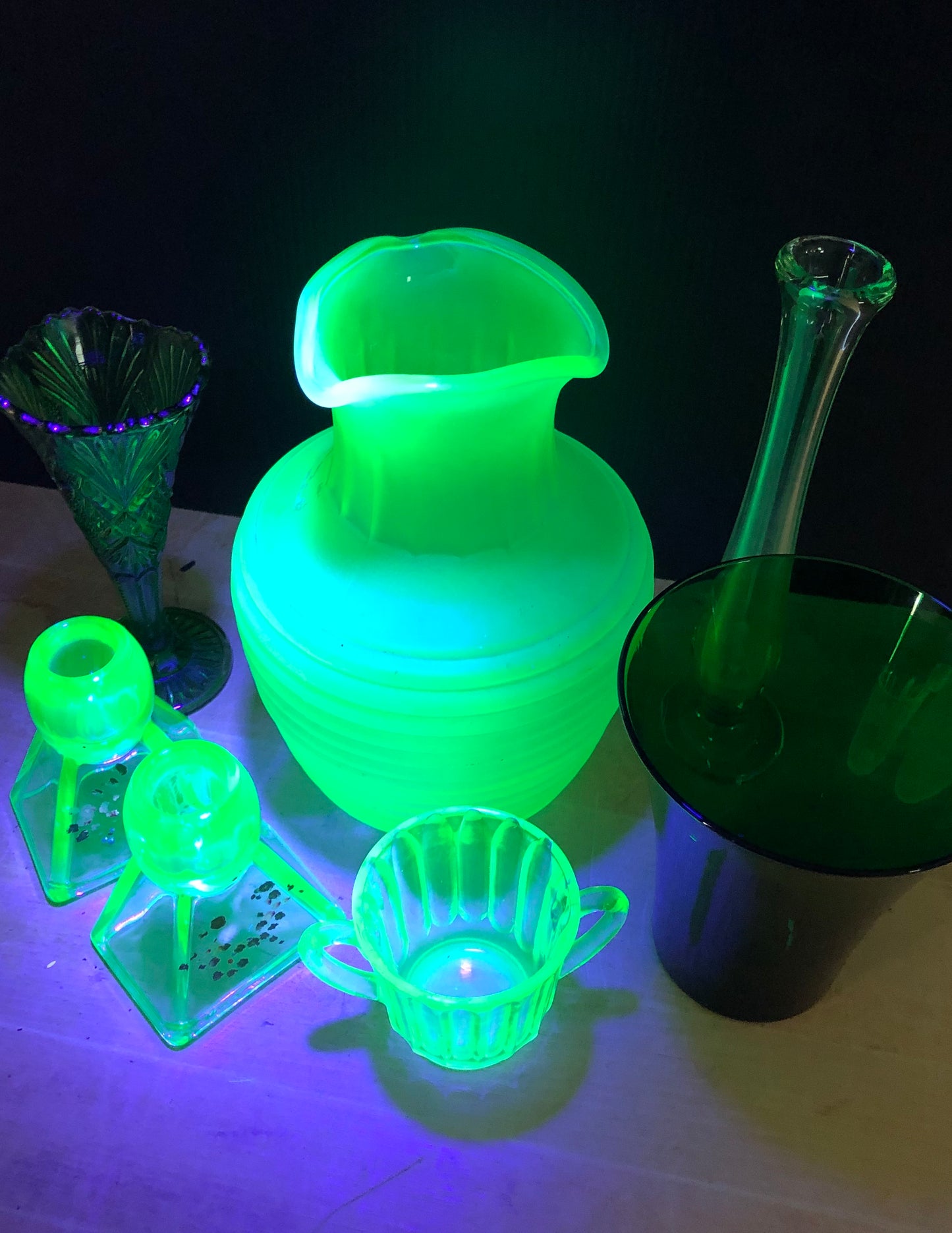 Green Depression Glass Collection with Uranium Glass (c.1930s)