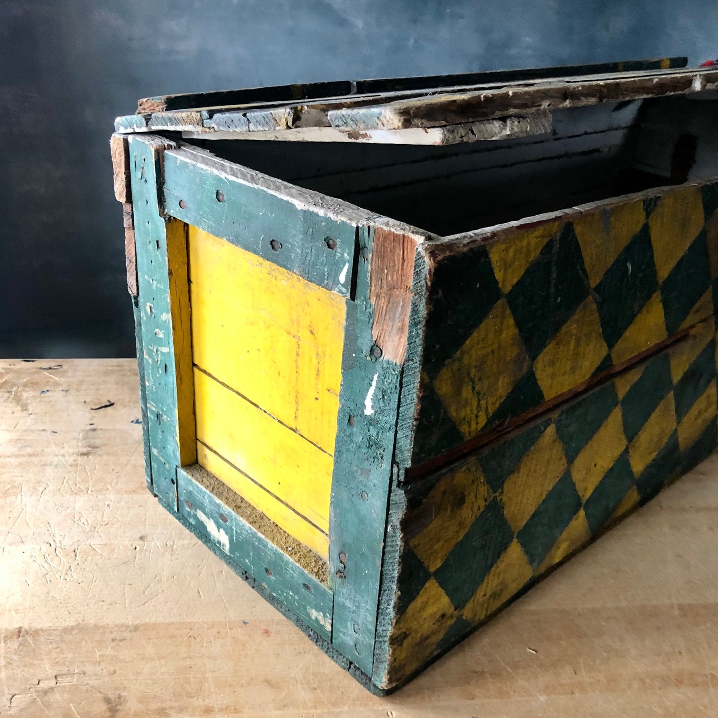 Harlequin Painted Primitive Wooden Storage Chest (c.1900s)