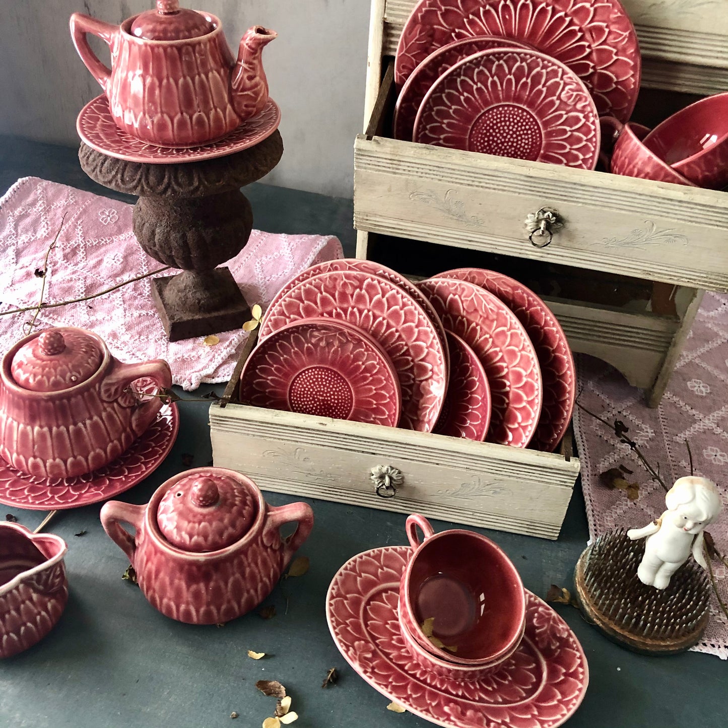 Vintage Pink Majolica Child's Tea Set (c.1930s)