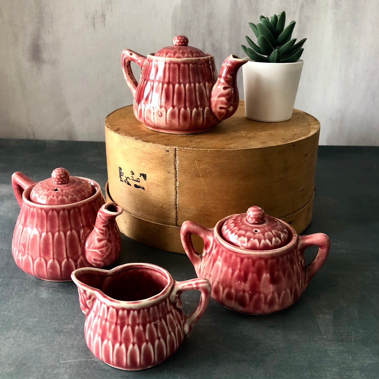 Vintage Pink Majolica Child's Tea Set (c.1930s)