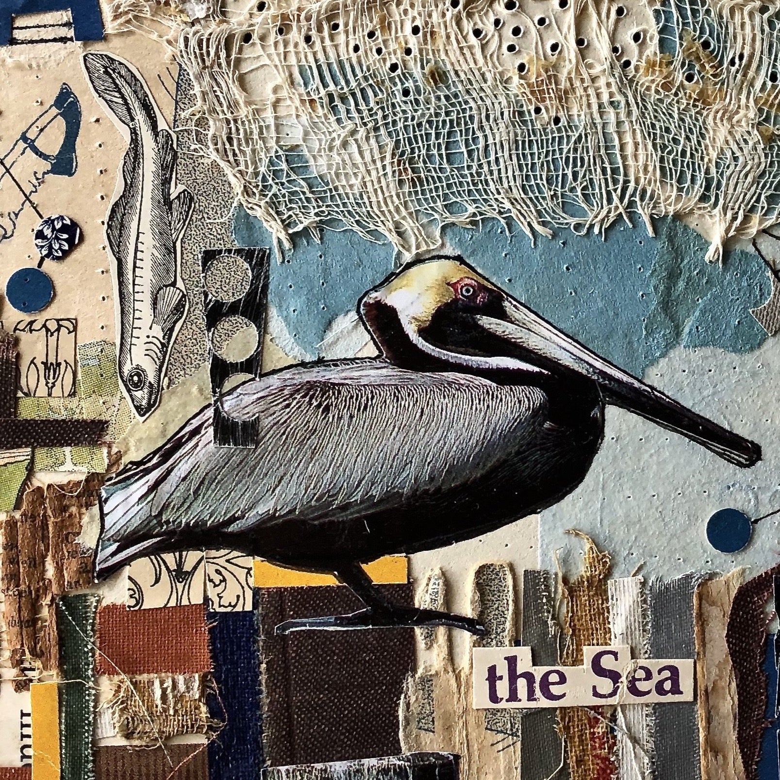 Old Book Mixed Media Collage, 'Pelican Life'