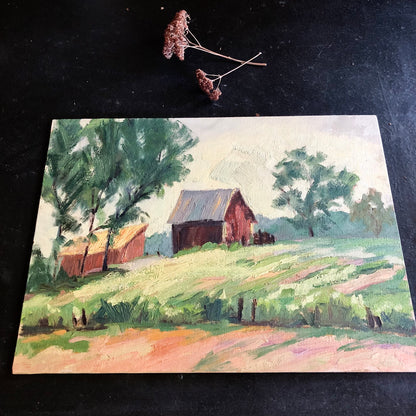 Vintage Oil Painting of Rural Farmstead Landscape by Leah Frandzel